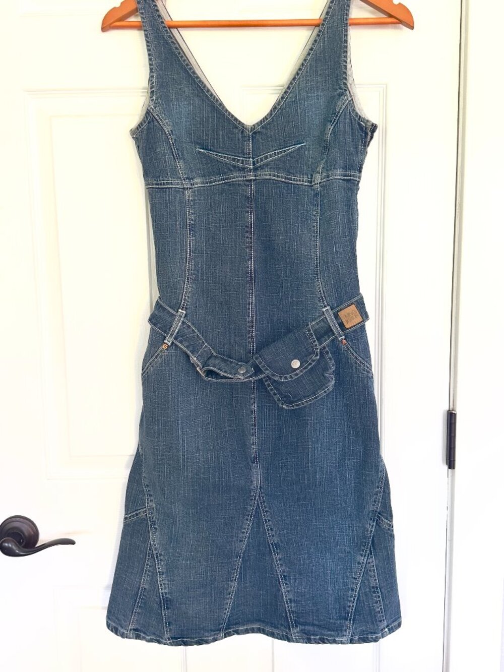 MNG Jeans Denim Dress Size 4 | Y2K Sleeveless Jean Dress with Belt Bag Pocket